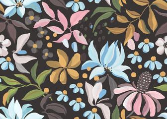 Gouache, seamless abstract floral pattern with design colorful flowers, leaves and spots. Hand drawn creative illustration on dark background in retro style. - 730815710