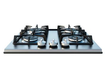 A stainless steel gas stove equipped with four burners, set in a built-in kitchen design, isolated on a white background.