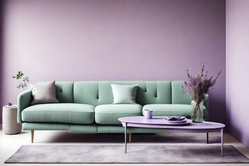Tranquil vibes with a mint green sofa and a sleek coffee table, showcased against an empty lavender wall in a minimalist Scandinavian interior.