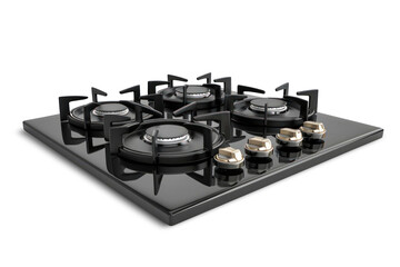 Fototapeta na wymiar A gas stove top with four burners, built into the kitchen, isolated on a white background.