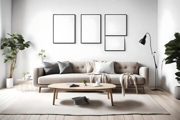 Step into the serenity of a minimalist living space, characterized by Scandinavian aesthetics, an empty wall mockup, and a white blank frame beckoning for personal touches.
