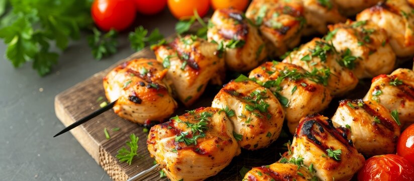 Chicken kebab with herbs on a wooden countertop.