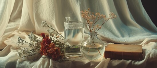 Still life arrangement of water in a glass, book, dried flowers in a vase, and a bottle on drapery, representing the concept of home improvement and decoration.