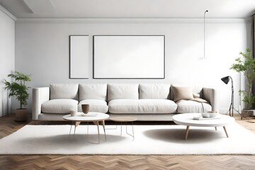 Revel in the charm of this minimalist living room, where a sofa, an empty wall mockup, and a white blank frame create a perfect canvas for your imagination.