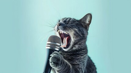 Funny emotional cat singing into the microphone. Copy space background