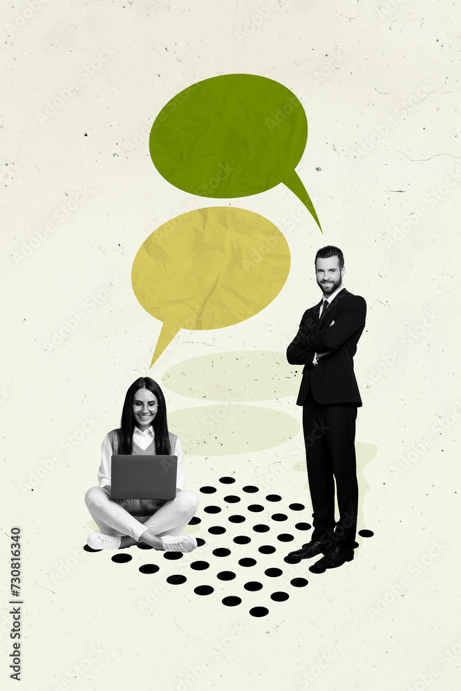 Aufkleber template magazine collage of two people managers have work speak talk using modern technology netboo