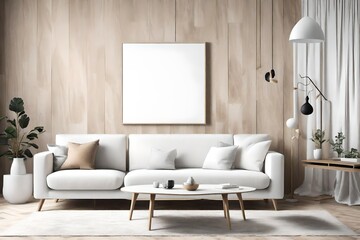 Unwind in a modern living space adorned with simplicity, presenting a Scandinavian-style sofa, an empty wall mockup, and a white blank frame for personal expression.