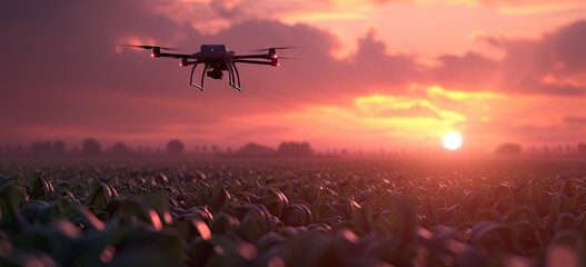 Fototapeta na wymiar Drone hovers above sprawling cornfield at sunset capturing synergy of modern technology and agriculture aerial view showcases advanced farming techniques remote controlled