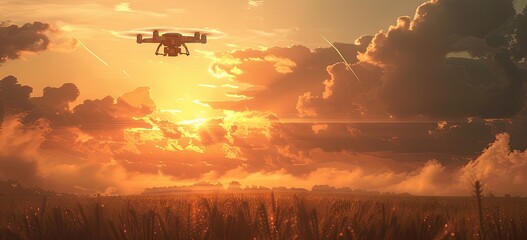 Drone hovers above sprawling cornfield at sunset capturing synergy of modern technology and agriculture aerial view showcases advanced farming techniques remote controlled