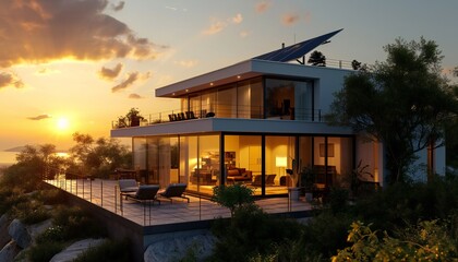 Modern house with solar panels on the roof at sunset.