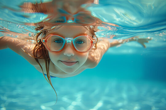 Child girl swim underwater in pool. Sport lesson