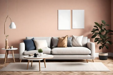 Fototapeta na wymiar Experience the allure of a modern living room, featuring a Scandinavian-style sofa against a solid color wall, an empty wall mockup, and a white blank frame for customization.