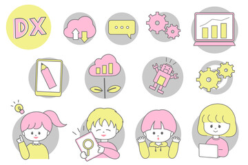 子どもたちとDX・ITテクノロジー関連のアイコンセット