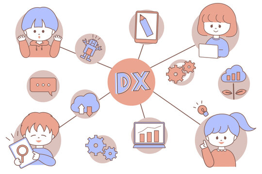 子供たちを取り巻くDX・ITテクノロジー化社会のイラスト
