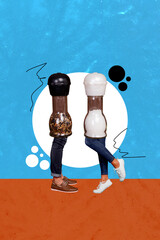 Vertical weird absurd photo collage of two people as salt and pepper shakers together caricature...