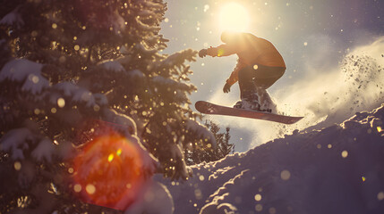 Obraz na płótnie Canvas Sunset Snowboarding Adventure