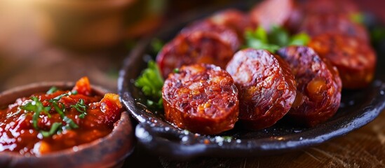 Close-up of Spanish tapas featuring chorizo sausage and tomato paste.
