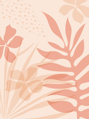 Tropical hibiscus leaves and flowers form a plant composition on a pink background. Vector.