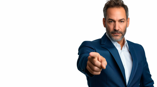 headless businessman in his forties, image cropped just below the neck, wearing a blue suit, no beard, well-groomed appearance, pointing at the camera with hand visible, white background, no blur, sha