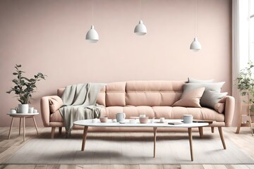 A snapshot of Scandinavian elegance a?" a sleek sofa and coffee table in a minimalist setting with pastel hues on an empty wall mock-up, rendered in high definition.