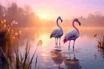 Flamingos Illuminated by the Morning Sun by the Lakeside.