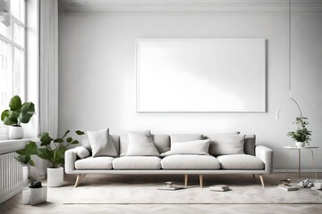 Create your own haven with this minimalist living room, where a stylish sofa, an empty wall, and a white blank frame combine to offer a canvas for your unique style.