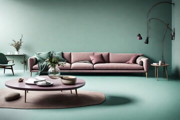 Subdued elegance with a mauve sofa and a sleek coffee table against an empty seafoam green wall in a Scandinavian-inspired setting.