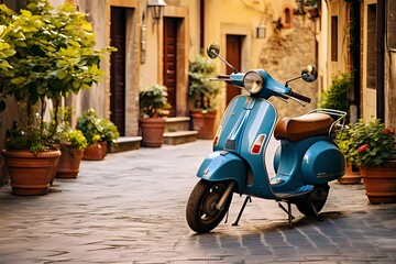 Tranquil setting of a small Italian village, featuring a blue scooter casually parked along the...