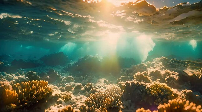 Underwater world within the vast expanse of the ocean, where vibrant coral reefs teem with life, illuminated by shafts of sunlight filtering through the crystal-clear waters.