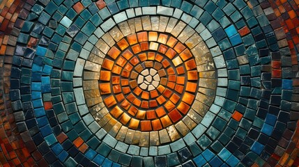 A circular mosaic tile wall with intricate design