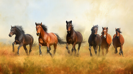 Herd of wild horses troting on the field