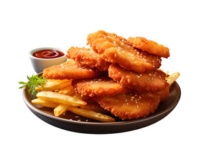 Crispy fried chicken broast with french fries on png background