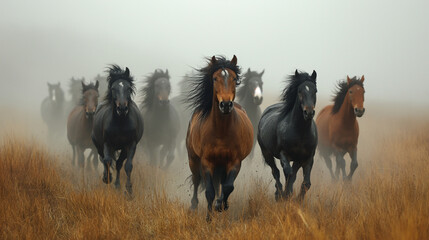 Herd of wild horses troting in the fog - obrazy, fototapety, plakaty