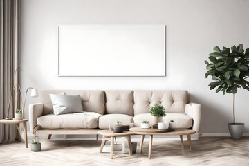 Transport yourself to tranquility with this living room mockup, boasting a minimalist sofa, an empty wall, and a white blank frame in a perfect blend of style and simplicity.