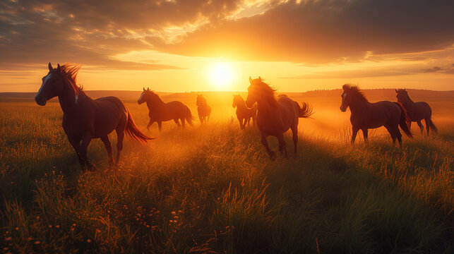 A majestic herd of wild brown horses galloping through a meadow at sunset, capturing the serene beauty of nature and freedom. - Powered by Adobe