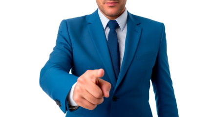 headless businessman in his forties, image cropped just below the neck, wearing a blue suit, no beard, well-groomed appearance, pointing at the camera with hand visible, white background, PNG