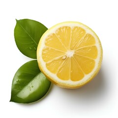 Lemon isolated on white background with shadow. Citrus fruit of lemon with leaves isolated. Lemon and leaves. Organic fruit