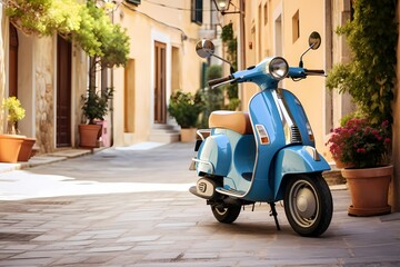 Vintage-inspired blue scooter parked on a charming street in an Italian village, surrounded by...