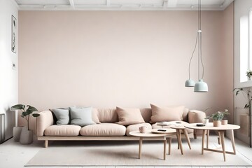 A serene Scandinavian living room with a simple sofa and coffee table, adorned in pastel hues, featuring an empty wall mock-up in minimalist style.