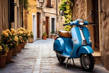 Vintage-inspired blue scooter parked on a charming street in an Italian village, surrounded by...