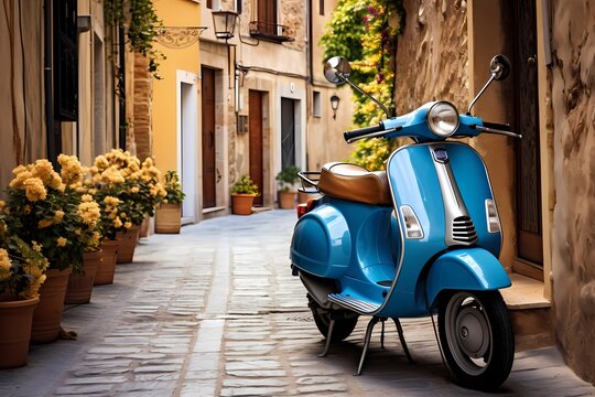 Vintage-inspired blue scooter parked on a charming street in an Italian village, surrounded by colorful facades and a sense of relaxed living
