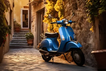 Photo sur Aluminium Scooter Vintage-style blue scooter resting on the side of a picturesque alley in a quiet Italian village, with sunlight casting a warm glow on the scene