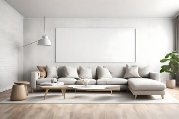 Fototapeta na wymiar A captivating 3D rendering of a minimalist living room with a Scandinavian touch, where a sofa, an empty wall, and a white blank frame harmoniously come together.