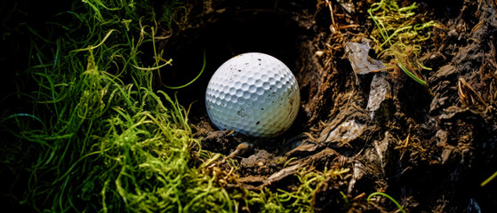 Golf Ball that finds itself in a Difficult Situation after the Shot that Every Golfer Knows Wallpaper Background Brainstorming Family Digital Art Magazine Poster Symbolimage