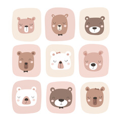 Set with cute face bear. Vector illustrations
