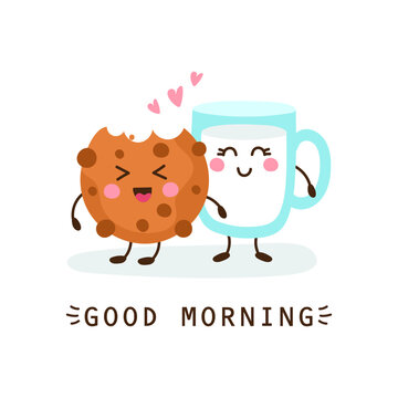 Smiling cartoon milk glass and chocolate chip cookies, good morning, vector illustration