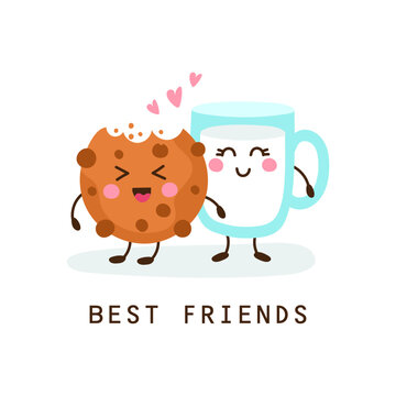 Smiling cartoon milk glass and chocolate chip cookies, best friends, vector illustration