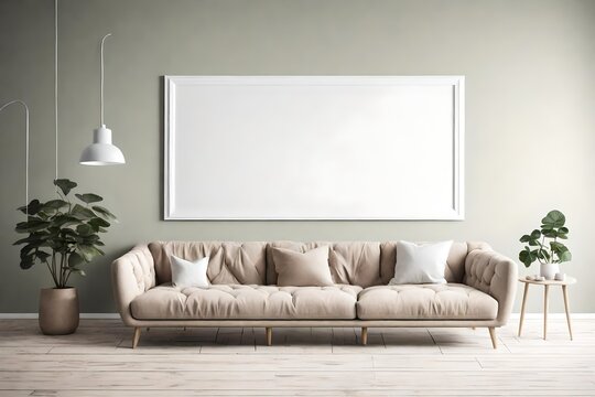 A visually stunning mockup of a living room in minimalist Scandinavian style, featuring a sofa in front of a solid color wall and a white blank empty frame for artistic expression.