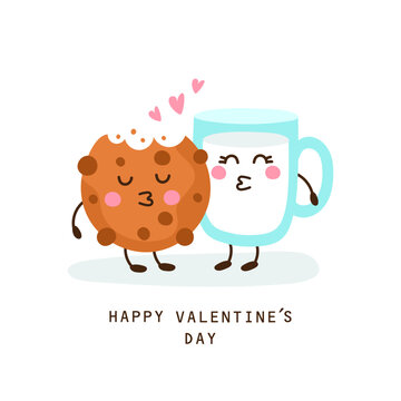 Valentine's Day card with Smiling cartoon milk glass and chocolate chip cookies, vector illustration
