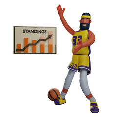 Fototapeta premium 3D illustration. 3D Basketball Athlete Character showing table chart. with the pose of the foot stepping on the ball. showing a cute smiling expression. 3D Cartoon Character